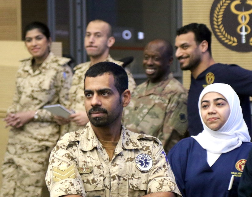A Bahrain Defence Force paramedic listens to a speaker during a medical subject matter expert exchange at the Crown Prince Center of Training and Medical Research in Bahrain, April 17, 2019.