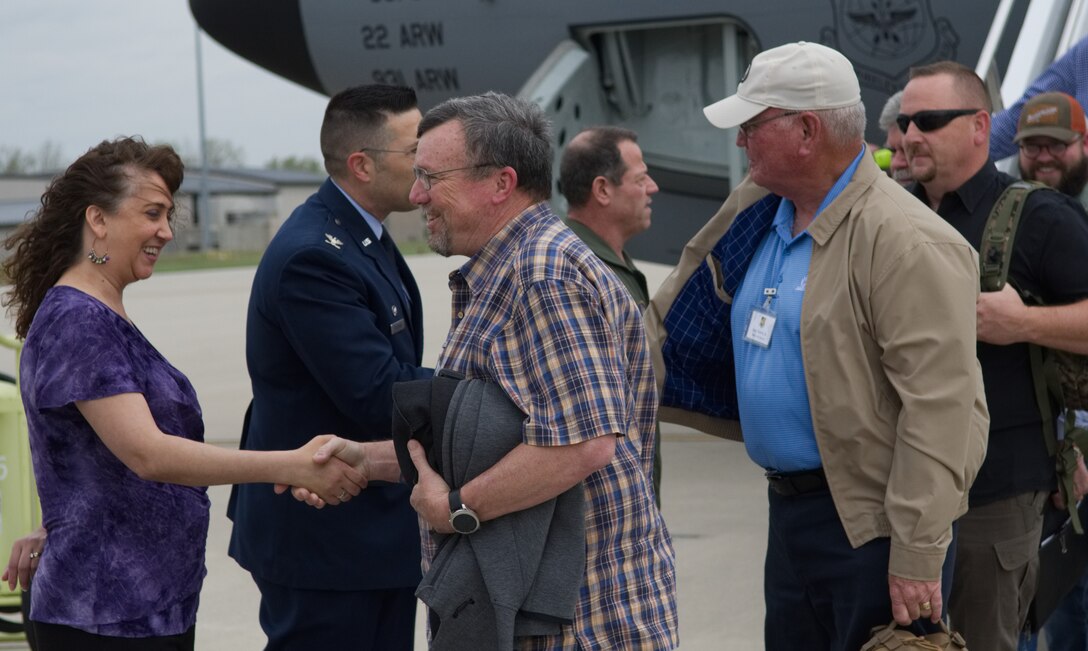Leadership from the 445th Airlift Wing greet civic leaders from Dyess Air Force Base upon their arrival at Wright-Patterson AFB, Ohio, May 1, 2019.  The Dyess AFB contingent took part in a two-day civic leader tour to learn more about Air Force operations at other bases.  The civic leaders and share that information with other local civilian influencers in and around Abilene, Texas. (U.S. Air Force photo by Master Sgt. Ted Daigle)