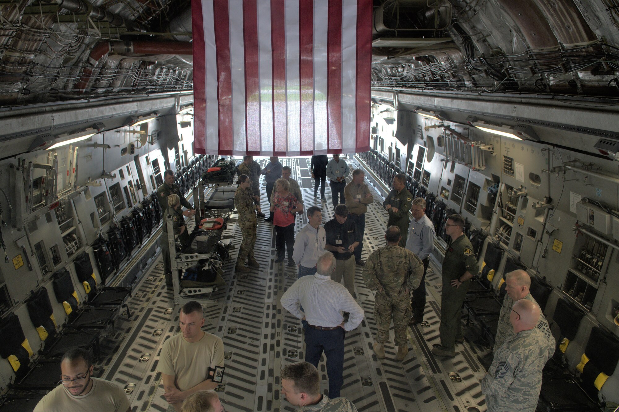 Civic leaders from Dyess Air Force Base tour a C-17 Globemaster III at Wright Patterson Air Force Base, Ohio, May 2, 2019.  They were taking part in a civic leader tour sponsored by the 307th Bomb Wing and hosted by the 445th Airlift Wing.  The tours give local influencers the opportunity to gain a greater understanding of the Air Force mission and share that knowledge with other local civilian leaders. (U.S. Air Force photo by Master Sgt. Ted Daigle)