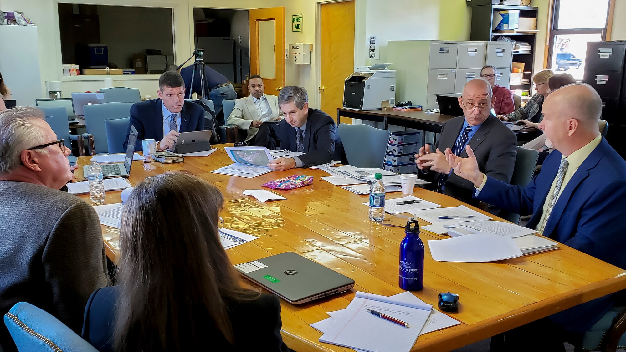 John W. Henderson, left, Assistant Secretary of the Air Force for Installations, Environment and Energy, and Mark A. Correll, center, Deputy Assistant Secretary of the Air Force for Environment, Safety and Infrastructure, met with Air Force Base Realignment and Closure Program personnel to get an update on PFOS/PFOA investigation and remediation efforts at the former Wurtsmith Air Force Base in Oscoda, Mich. April 24, 2019. (U.S. Air Force photo by Malcolm McClendon)