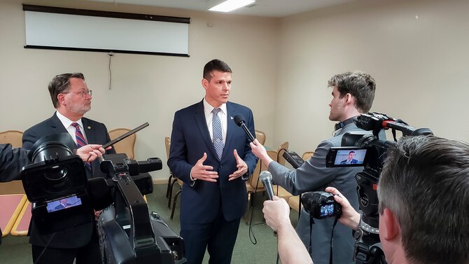 U.S. Senator for Michigan, Gary Peters, left, introduces John W. Henderson, Assistant Secretary of the Air Force for Installations, Environment and Energy, provide interviews for the media regarding the restoration efforts for PFOS/PFOA at the former Wurtsmith Air Force Base in Oscoda, Mich., April 24, 2019. (U.S. Air Force photo by Malcolm McClendon)