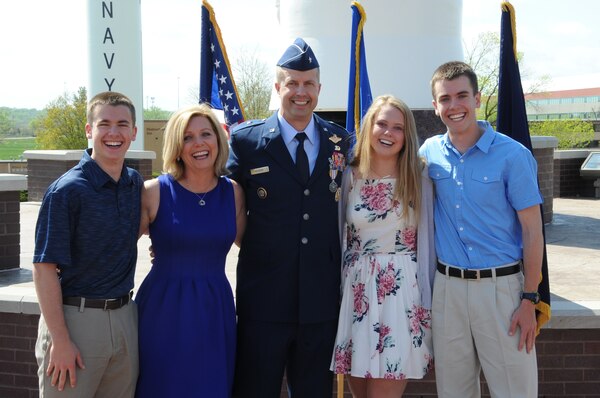 Brig. Gen. Ty Neuman (center), director of the Commander’s Action Group for U.S. Strategic Command, is pictured with his family (from right to left), his son Trevor, his wife Shellie, his daughter Abbie and his son Jacob during his promotion ceremony to the rank of brigadier general at Offutt Air Force Base, May 3, 2019.