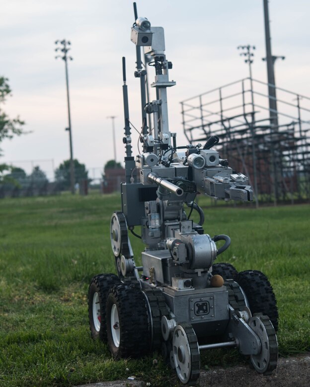A robot is deployed by Explosive Ordinance Disposal during an exercise on Joint Base Langley-Eustis, April 25, 2019. Robots like these can often go up to suspicious packages and disarm or detonate them, helping to save human life. (U.S. Air Force photo by Airman 1st Class Marcus M. Bullock)