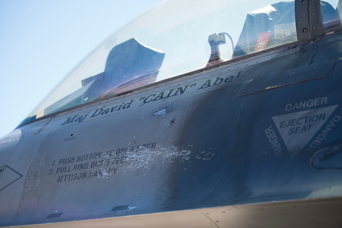 Maj. David Abel’s, 311th Fighter Squadron instructor pilot, name is displayed on the canopy of his assigned F-16 Viper, May 2, 2019, on Hill Air Force Base, Utah. Permanent party personnel assigned to the 311th FS are honored with their names on an F-16 after they are assigned to the squadron. This is Abel’s second time being assigned to the 311th FS, the first as a student pilot and the second as an instructor pilot. (U.S. Air Force photo by Staff Sgt. BreeAnn Sachs)