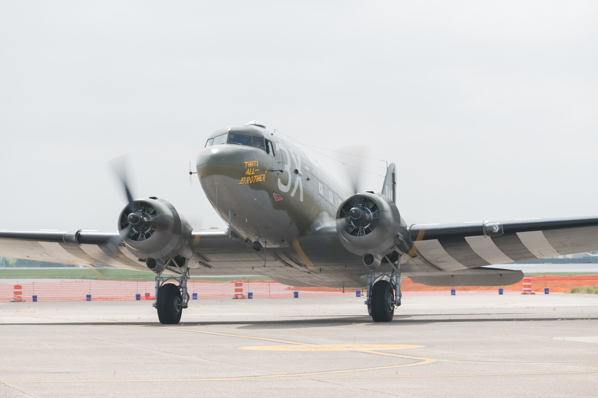 A World War II-era Douglas C-47 Skytrain leaves the tarmac at the D-Day 75th Anniversary Commemoration May 4, 2019, at the Air Mobility Command Museum on Dover Air Force Base, Del. The aircraft is scheduled to fly to Normandy, France, for anniversary ceremonies next month. (U.S. Air Force Photo by Mauricio Campino)