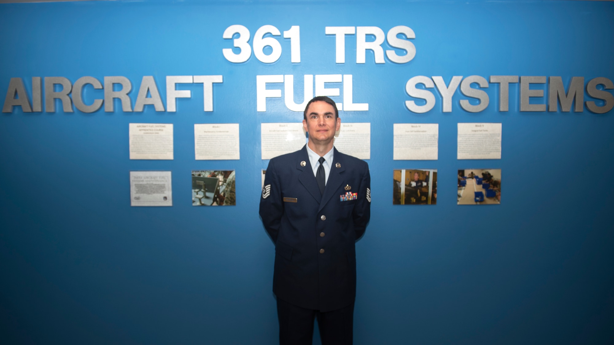 Tech. Sgt. Vincent Brumbach, 361st Training Squadron aircraft fuel apprentice course student, poses for a photo at Sheppard Air Force Base, Texas, May 3, 2019. Brumbach earned the Ace Award, which is only given to those who score 100% on all their block tests. (U.S. Air Force photo by Airman 1st Class Pedro Tenorio