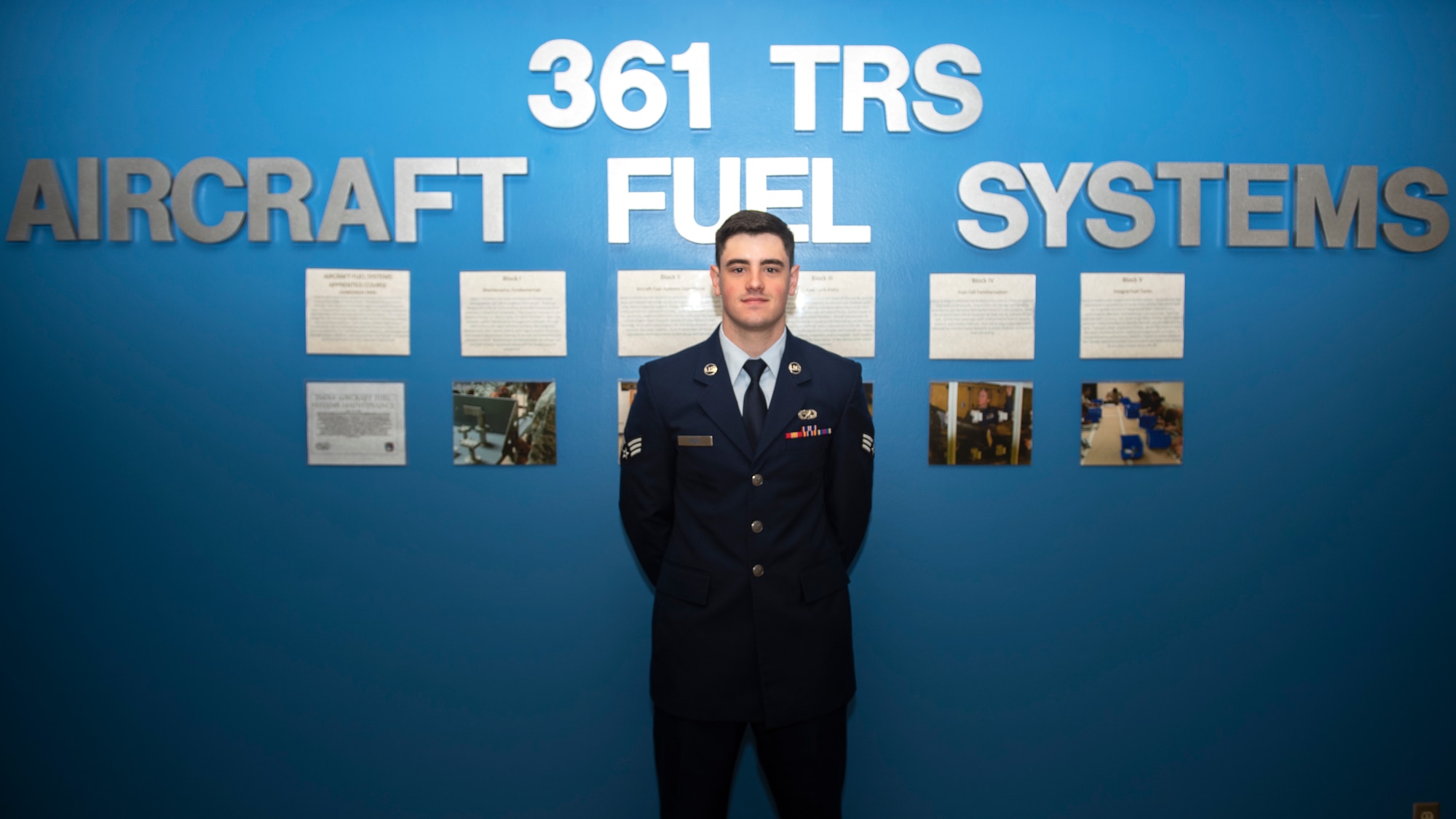 Senior Airman James Irons, 361st Training Squadron aircraft fuel apprentice course student, poses for a photo at Sheppard Air Force Base, Texas, May 3, 2019. Irons scored 100s on each of his five block tests earning him the Ace Award after graduating his technical training school. (U.S. Air Force photo by Airman 1st Class Pedro Tenorio)