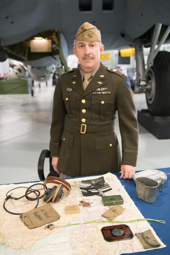 Mark C. Vlahos, World War II reenactor, portrays Col. Clayton Stiles, 314th Troop Carrier Group commander, at  the D-Day 75th Anniversary Commemoration May 4, 2019, at the Air Mobility Command Museum on Dover Air Force Base, Del. Vlahos, a retired U.S. Air Force Col., traveled from San Antonio, Texas, to attend the event. (U.S. Air Force Photo by Mauricio Campino)
