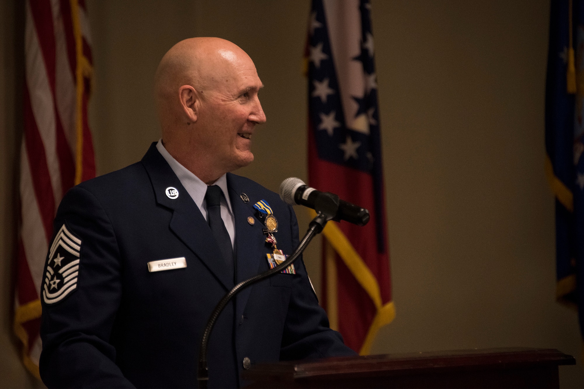 Chief Master Sgt. Stephen R. Bradley, 188th Wing command chief master sergeant, delivers remarks during a retirement ceremony held May 4, 2019, at Ebbing Air National Guard Base, Arkansas. Bradley served 37 years as a dental technician, first sergeant, and eventually 188th Wing command chief. (U.S. Air National Guard photo by Tech. Sgt. John E. Hillier)