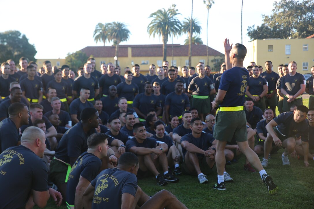 SgtMaj Lanpolsaen, the Marine Corps Recruiting Command (MCRC) SgtMaj, always knows exactly how to motivate the Marines. His call to action can be heard across the entire depot.