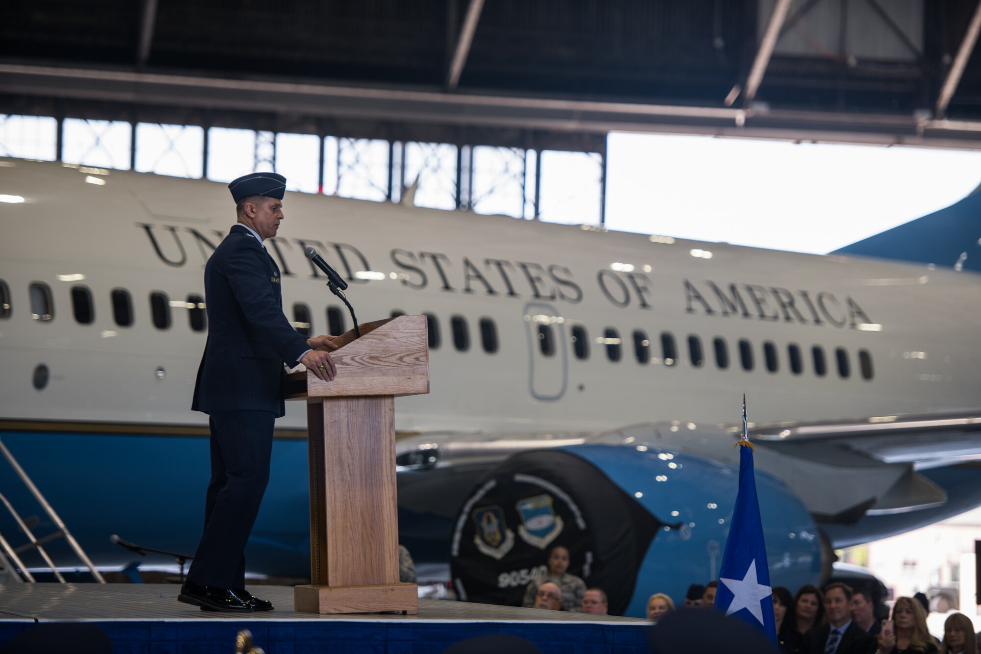 Col. Glenn Collins, 932nd Airlift Wing commander, makes his first speech as commander during the assumption of command May 5, 2019, at Scott Air Force Base, Illinois.  “How lucky am I to be able to serve… with the finest Airmen the world has ever produced,” said Collins. (U.S. Air Force photo by Senior Airman Brooke Deiters)