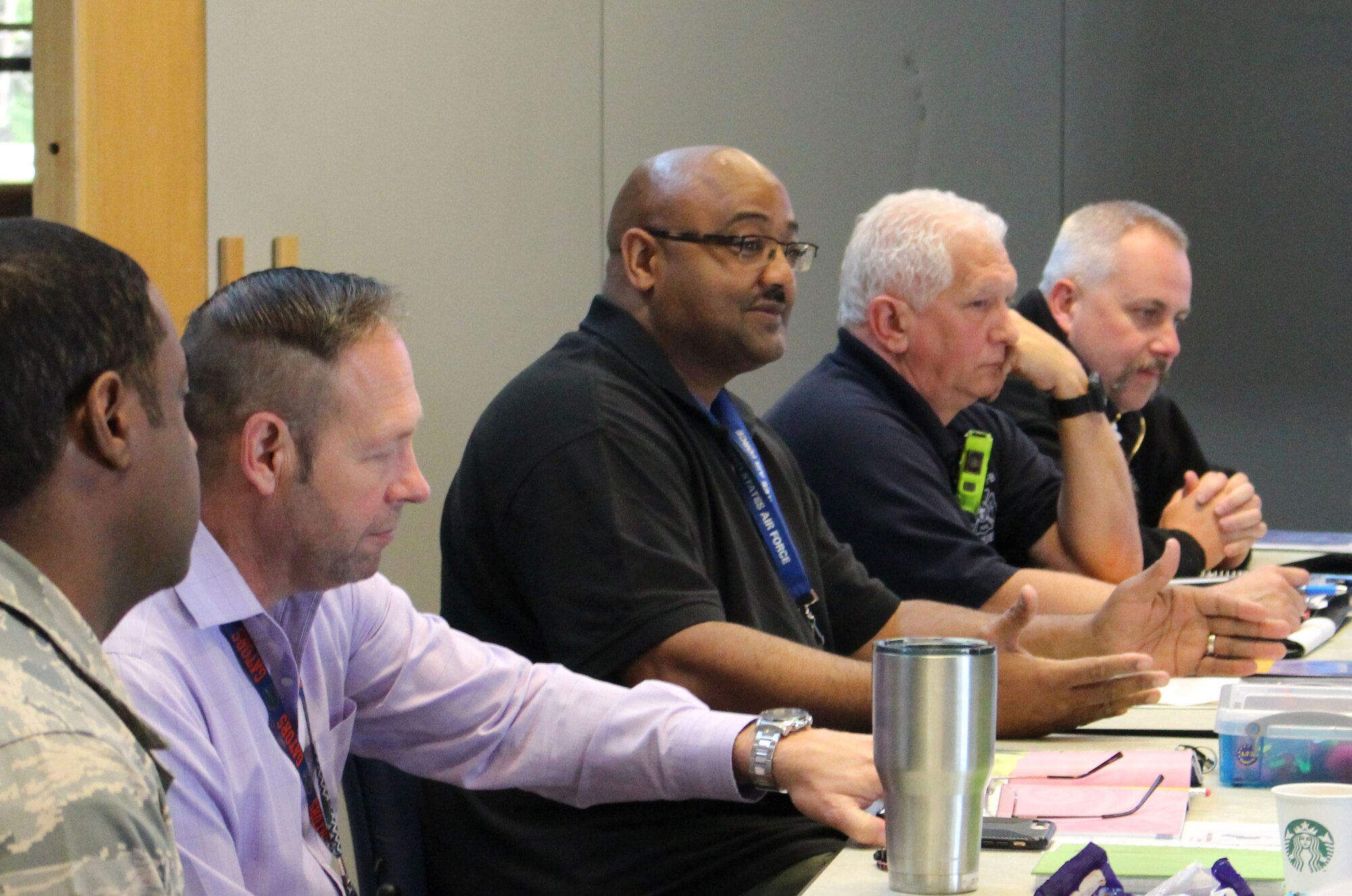 Lee Smith, Emergency Management Deputy Chief at Arnold Air Force Base, pictured center, takes part in a discussion during the Mental Health First Aid training course held April 22-23 at the Gossick Leadership Center. The training was held for interested senior leaders, first responders and security personnel at Arnold wanting to receive certification as a mental health first aid responder. (U.S. Air Force photo by Deidre Ortiz)