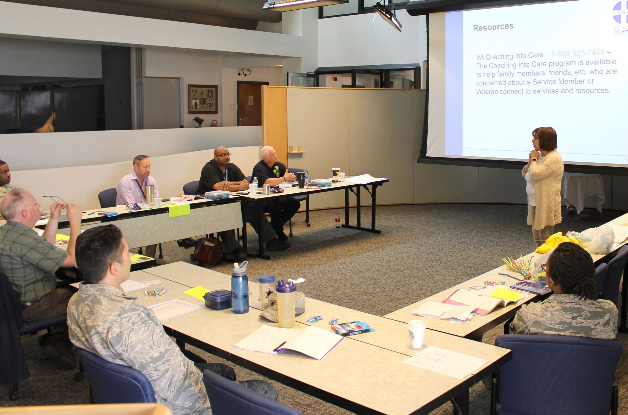 Carol Ackley, Mental Health First Aid training instructor, leads training April 22-23 at the Gossick Leadership Center on Arnold Air Force Base for interested senior leaders, first responders and security personnel at Arnold wanting to become certified mental health first aid responders. (U.S. Air Force photo by Deidre Ortiz)