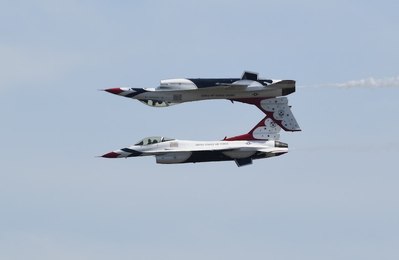 The U.S. Air Force Thunderbirds perform during the Keesler and Biloxi Air and Space Show in Biloxi, Mississippi, May 5, 2019. The U.S. Air Force Thunderbirds headlined the Keesler and Biloxi Air  and Space Show May 4-5. Thunder Over the Sound is a unique, one-of-a-kind event where a base and its surrounding city jointly host an air show geographically separated. (U.S. Air Force photo by Kemberly Groue)
