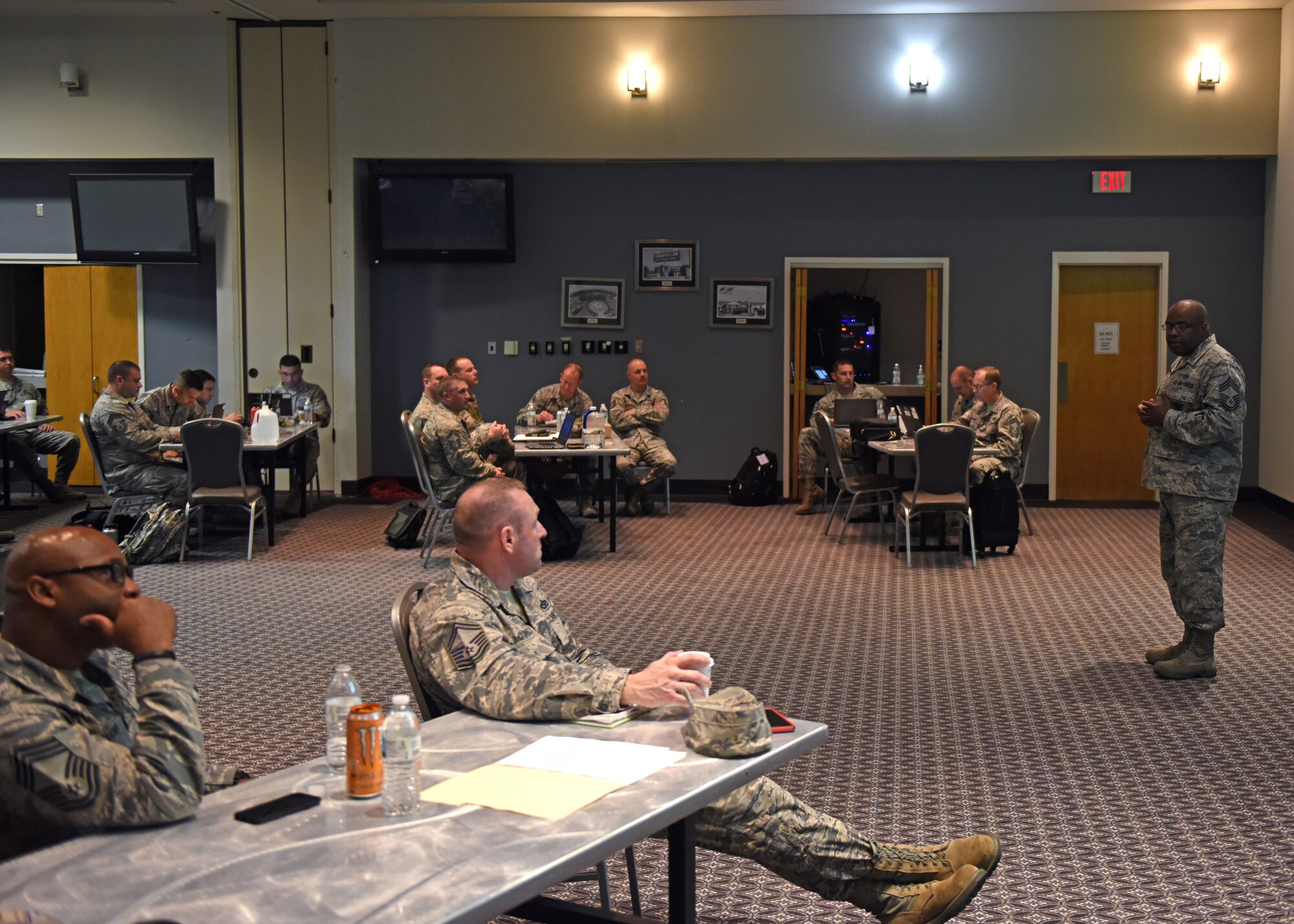 U.S. Air Force Senior Chief Master Sgt. Curtis Waters, Air Force Reserve Command fire chief, speaks to the attendees of the AFRC Fire Chief’s Conference in the Event Center at Goodfellow Air Force Base, Texas, May 3, 2019. The chiefs came together from all over the country to learn about the new training being taught at Goodfellow, discussed the career field, and attended the Firefighter Memorial Ceremony. (U.S. Air Force photo by Airman 1st Class Zachary Chapman/Released)