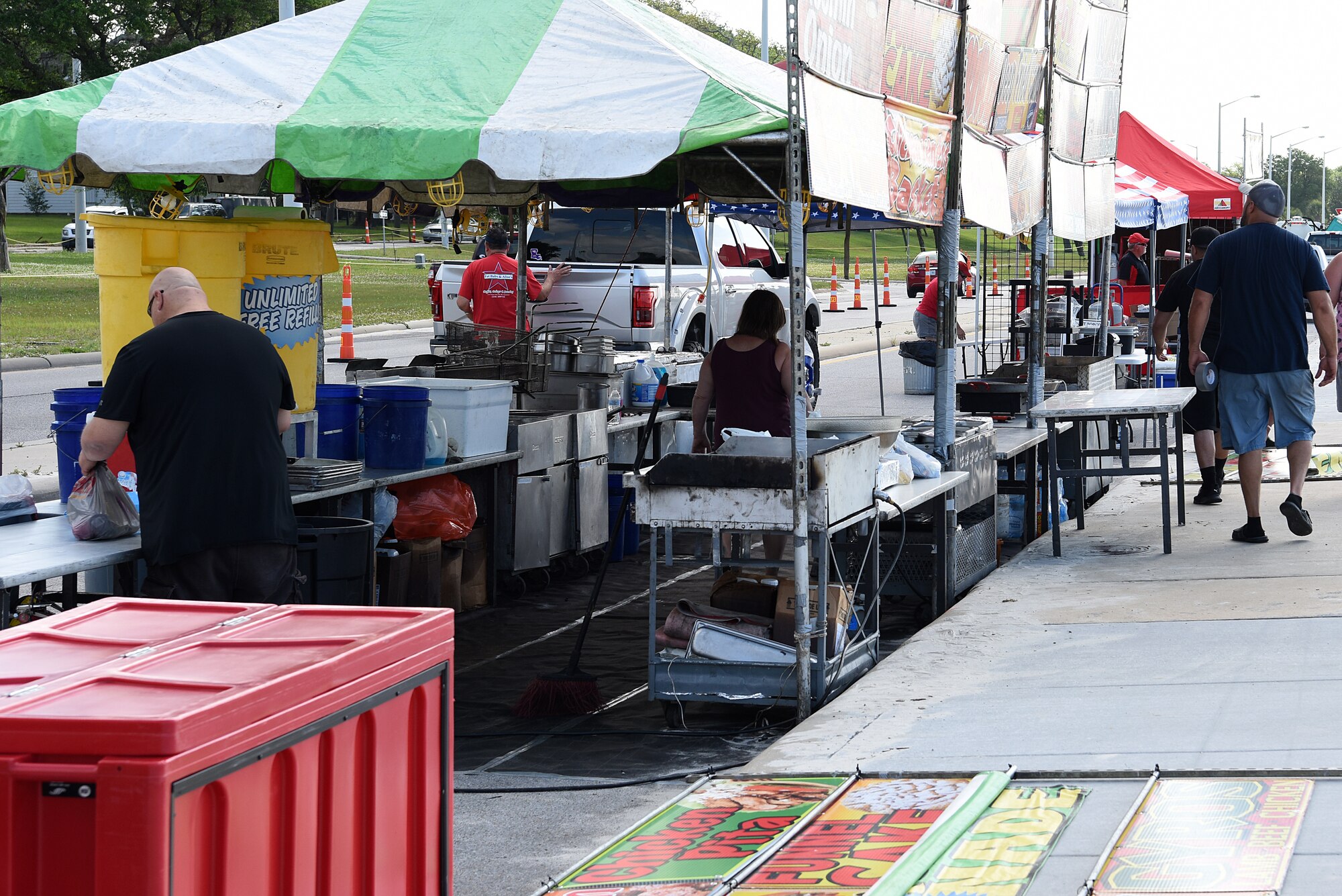 Food vendors set up their tents in preparation for the Keesler and Biloxi Air and Space Show in Biloxi, Mississippi, May 3, 2019. Thunder Over the Sound is a unique, one-of-a-kind event where a base and its surrounding city jointly host one air show geographically separated. (U.S. Air Force photo by Senior Airman Jenay Randolph)