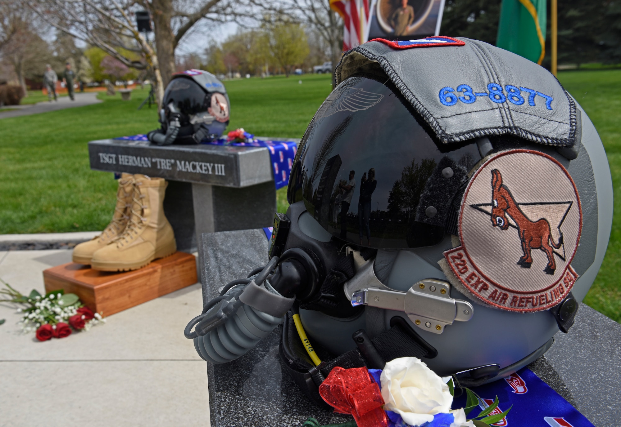 An aircrew helmet rests on top of U.S. Air Force Capt. Mark “Tyler” Voss memorial site during a Shell 77 memorial ceremony at Fairchild Air Force Base, Washington, May 3, 2019. Voss and two other Fairchild Airmen, Capt. Victoria “Tory” Pickney and Tech. Sgt. Herman “Tre” Mackey III took their last flight on May 3, 2019, when their KC-135 Stratotanker, tail number 63-8877, crashed over Kyrgyzstan in support of Operation Enduring Freedom. (U.S. Air Force photo by Senior Airman Jesenia Landaverde)