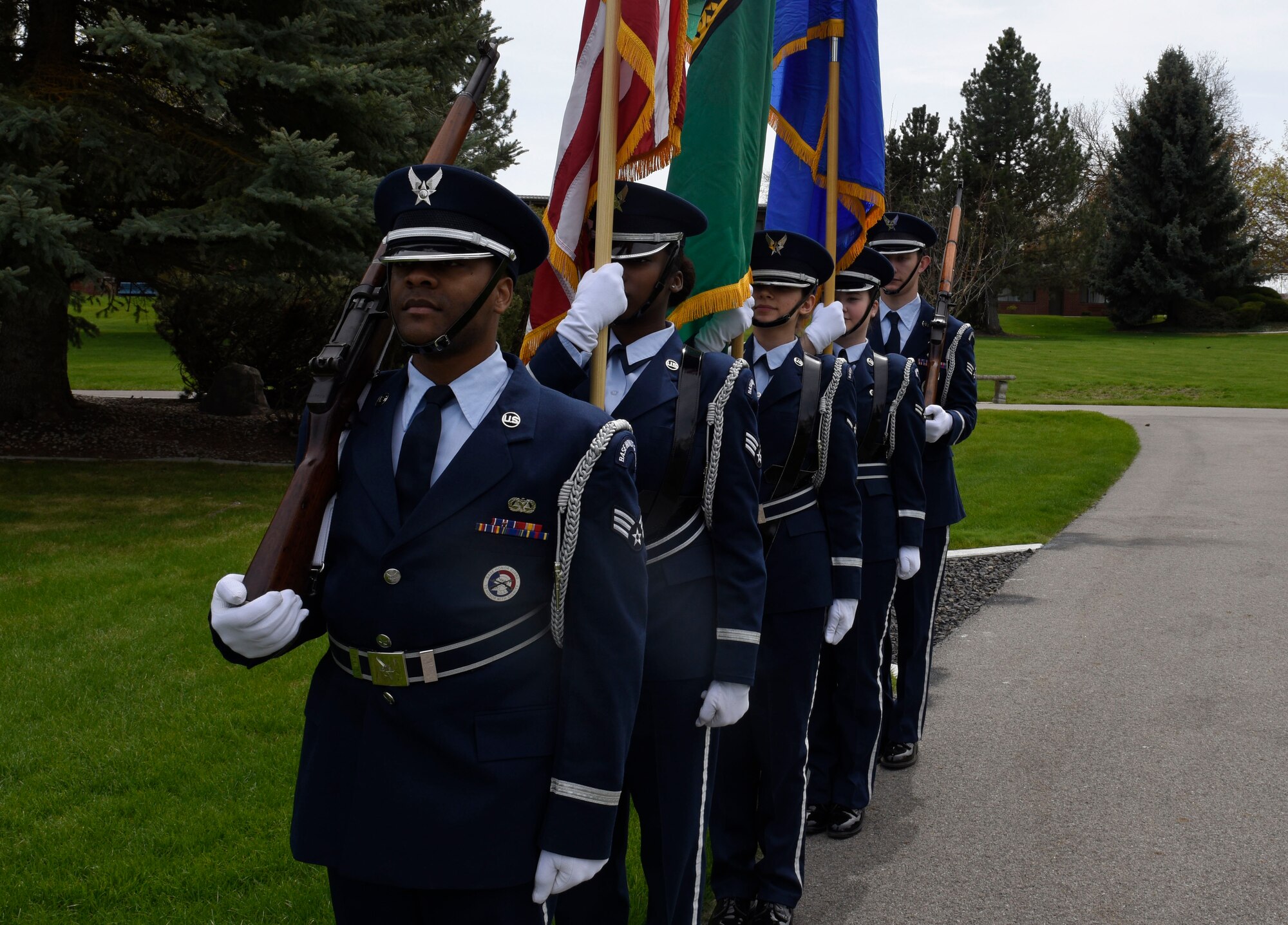 Fairchild Honor Guard Airmen prepare to present the colors during a Shell 77 memorial ceremony at Fairchild Air Force Base, Washington, May 3, 2019. Fairchild paid tribute to the Shell 77 aircrew, Capt. Mark “Tyler” Voss, Capt. Victoria “Tory” Pickney and Tech. Sgt. Herman “Tre” Mackey III. These Fairchild Airmen sacrificed their lives in support of Operation Enduring Freedom in May 3, 2013. (U.S. Air Force photo by Senior Airman Jesenia Landaverde)