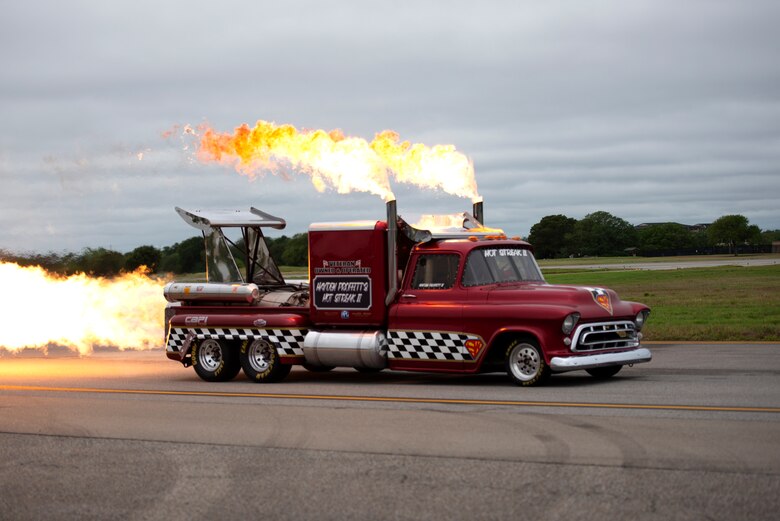 The Smoke N' Thunder Hot Streak II '57 Chevy performs during the Keesler and Biloxi Air and Space Show at Keesler Air Force Base, Mississippi, May 5, 2019. The U.S. Air Force Thunderbirds are headlining the Keesler and Biloxi Air Show May 4-5. Thunder Over the Sound is a unique, one-of-a-kind event where a base and its surrounding city jointly host an air show geographically separated. (U.S. Air Force photo by Airman 1st Class Kimberly L. Mueller)