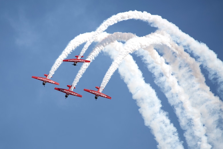 Team Aeroshell performs during the Keesler and Biloxi Air and Space Show in Biloxi, Mississippi, May 5, 2019. The U.S. Air Force Thunderbirds are headlining the Keesler and Biloxi Air Show May 4-5. Thunder Over the Sound is a unique, one-of-a-kind event where a base and its surrounding city jointly host an air show geographically separated. (U.S. Air Force photo by Airman 1st Class Kimberly L. Mueller)