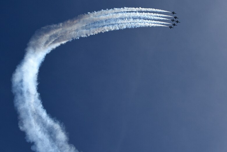 The U.S. Air Force Thunderbirds perform during the Keesler and Biloxi Air and Space Show in Biloxi, Mississippi, May 5, 2019. The U.S. Air Force Thunderbirds headlined the Keesler and Biloxi Air Show May 4-5. Thunder Over the Sound is a unique, one-of-a-kind event where a base and its surrounding city jointly host an air show geographically separated. (Courtesy photo by Keshaun Survine)