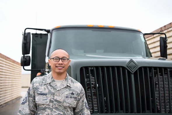U.S. Air Force Senior Master Sgt. Francis A. Quiambao, 8th Logistics Readiness Squadron fuels management flight superintendent, poses next to a fuel truck on Kunsan Air Base, Republic of Korea, April 24, 2019. Quiambao is responsible for leading the largest petroleum hub in the United States Forces Korea in receiving and distributing fuel, which accounts for 35 percent of the fuel consumed in the theater. (U.S. Air Force photo by Senior Airman Savannah L. Waters)