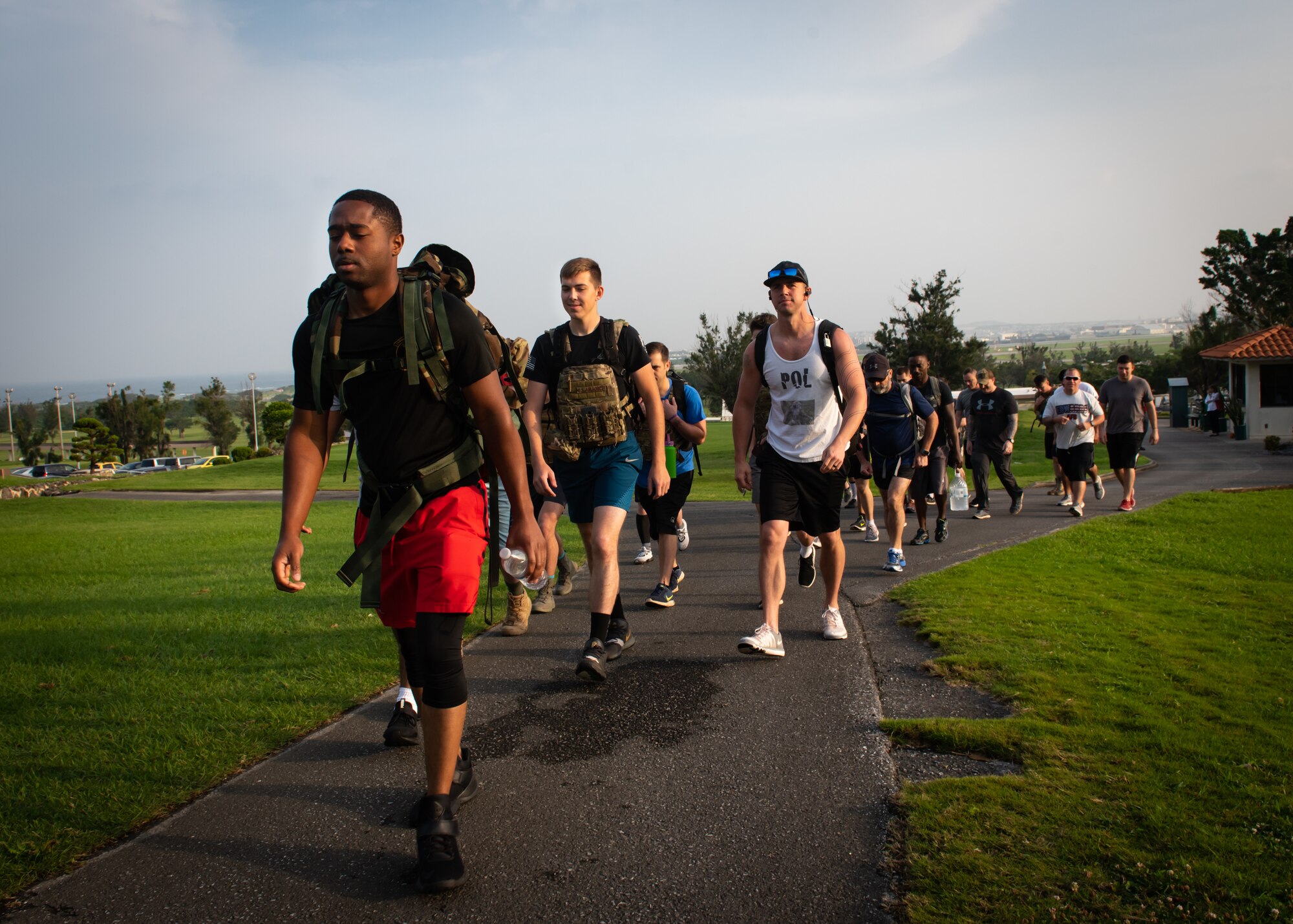 Participants hike around the Banyan Tree Golf Course during the Holocaust Remembrance Week Ruck March at Kadena Air Base, Japan, May 2, 2019.
