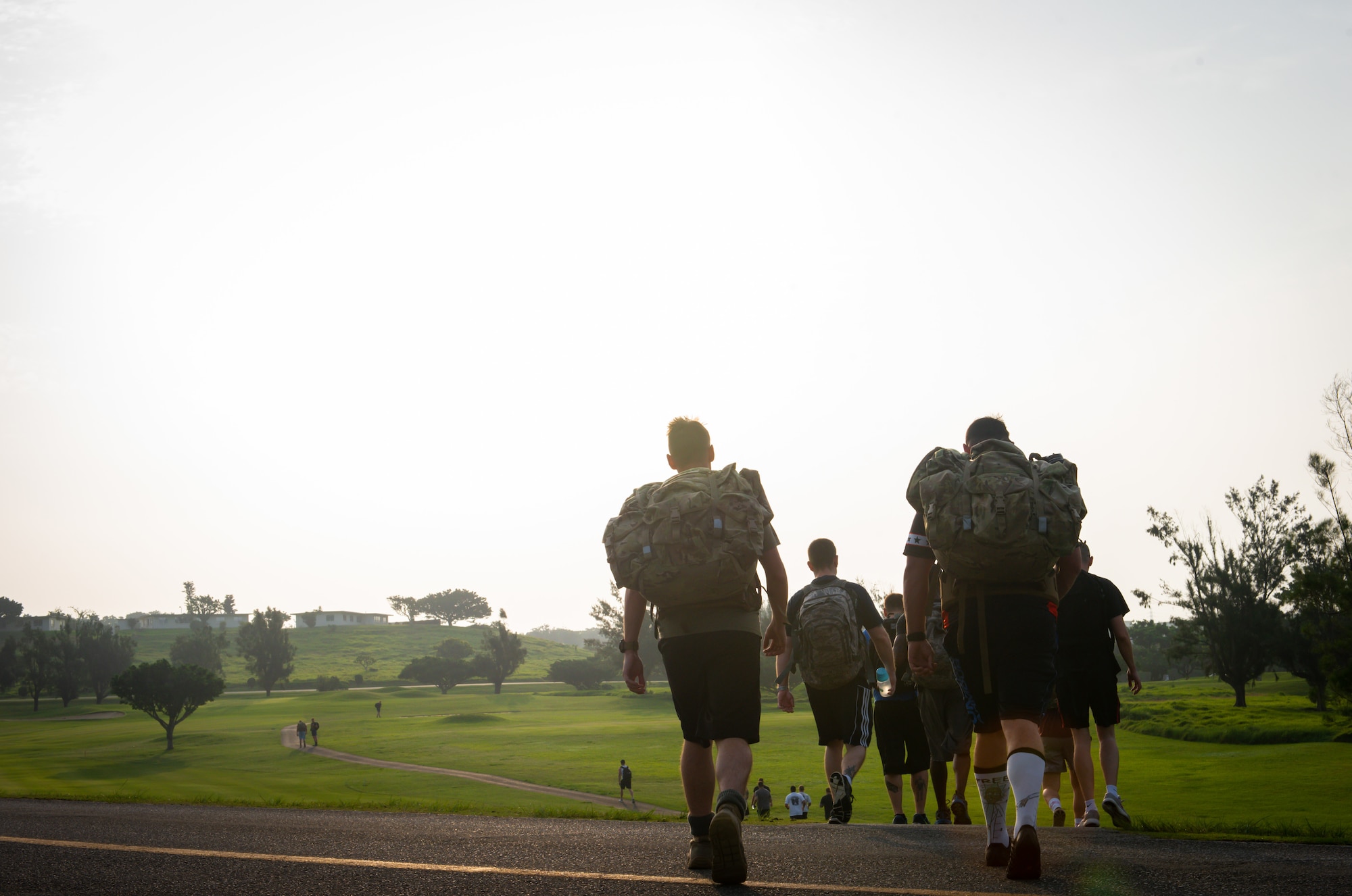 Participants hike around the Banyan Tree Golf Course during the Holocaust Remembrance Week Ruck March at Kadena Air Base, Japan, May 2, 2019.