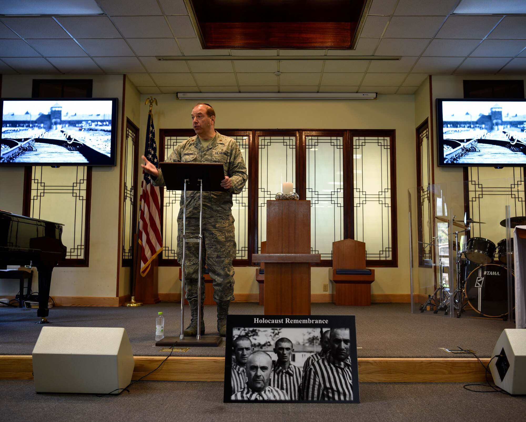 Rabbi (Maj.) Gary Davidson, U.S. Air Force chaplain, shares how he learned of the Holocaust during a remembrance ceremony on Kunsan Air Base, Republic of Korea, May 2, 2019. Davidson served as the ceremony’s keynote speaker. He detailed the history of the Holocaust through the eyes of a Jew and charged participates to continue to tell the story of the atrocious genocide so it is not forgotten or repeated.  (U.S. Air Force photo by Capt. Remoshay Nelson