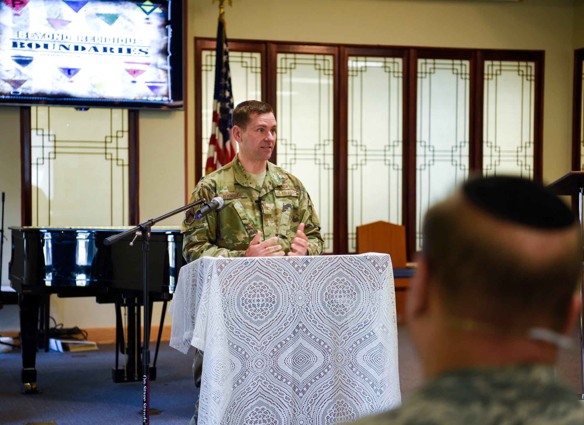 Col. Jon Wheeler, 8th Fighter Wing vice commander, provides opening remarks at a Holocaust Remembrance Ceremony in the Base Chapel at Kunsan Air Base, Republic of Korea on May 2, 2019. Wheeler shared how watching a movie about the Holocaust at a young age affected his view on humanity and inspired him to serve in the U.S. Air Force.  (U.S. Air Force photo by Capt. Remoshay Nelson)