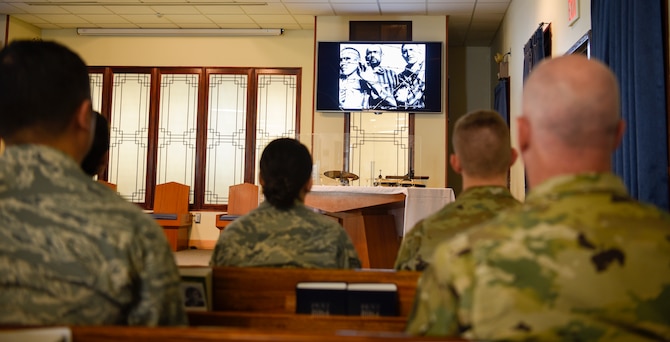 Airmen watch a short film about the Holocaust during a remembrance ceremony on Kunsan Air Base, Republic of Korea on May 2, 2019. The film detailed how the National Socialist German Worker’s Party, led by Adolf Hitler, systematically exterminated millions of European Jews and other minorities and charged onlookers to never allow it to happen again. (U.S. Air Force photo by Capt. Remoshay Nelson)