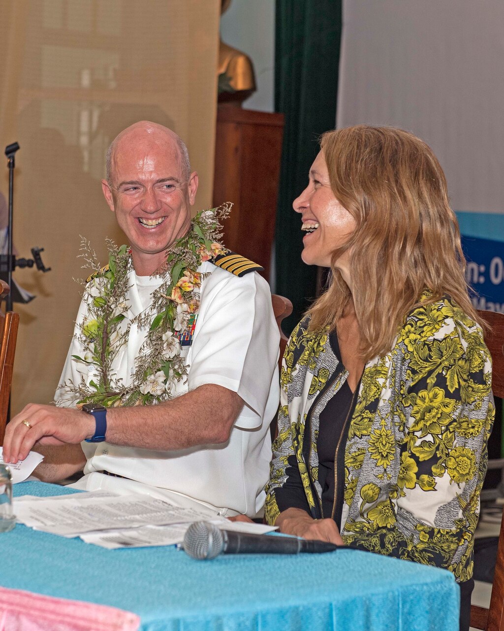 TUY HOA, Vietnam (May 6, 2019) U.S. Navy Capt. Randy Van Rossum, mission commander, talks with the U.S. Consul General Mary Tarnowka at a press conference following the opening ceremony at the Hall of the Provincial Labor Union during Pacific Partnership 2019.