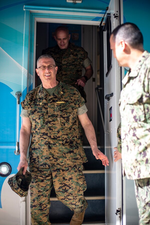 U.S. Navy Capt. Gregory Klein, the commanding officer of 4th Dental Battalion, 4th Marine Logistics Group, Marine Forces Reserve, exits a mobile dentistry vehicle at Ponce, Puerto Rico, May 2, 2019, during Innovative Readiness Training Puerto Rico. IRT Puerto Rico is also called Ola de Esperanza Sanadora, which translates to Healing Wave of Hope. MARFORRES Sailors are working jointly with several National Guard and Reserve units from across the nation to provide medical care in Puerto Rico during a two-week medical exercise. (U.S. Marine Corps photo by Sgt. Andy O. Martinez)