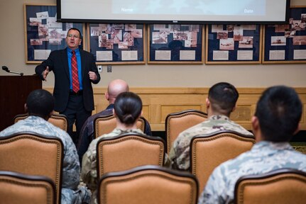 Tom Manganello, Sr., U.S. Securities and Exchange Commission, Office of Education and Advocacy senior counsel, speaks to a group of Airmen April 23, 2019, at Joint Base San Antonio-Lackland, Texas. Personal financial readiness classes at MFRC are offered throughout the year ranging from home buying, savings accounts, building a budget, establishing credit and reducing debt, car buying and managing student loans.