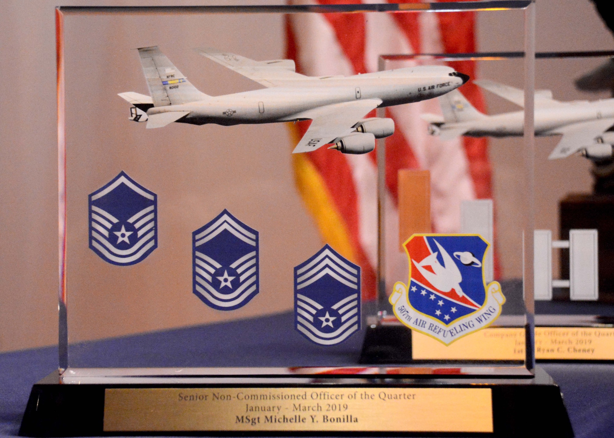 Master Sgt. Michelle Bonilla, 507th Force Support Squadron, received the Senior Noncomissioned Officer of the Quarter award for the first quarter during the May UTA commander's call at the base theater, May 5, 2019, Tinker Air Force Base, Oklahoma. (U.S. Air Force photo by Senior Airman Mary Begy)