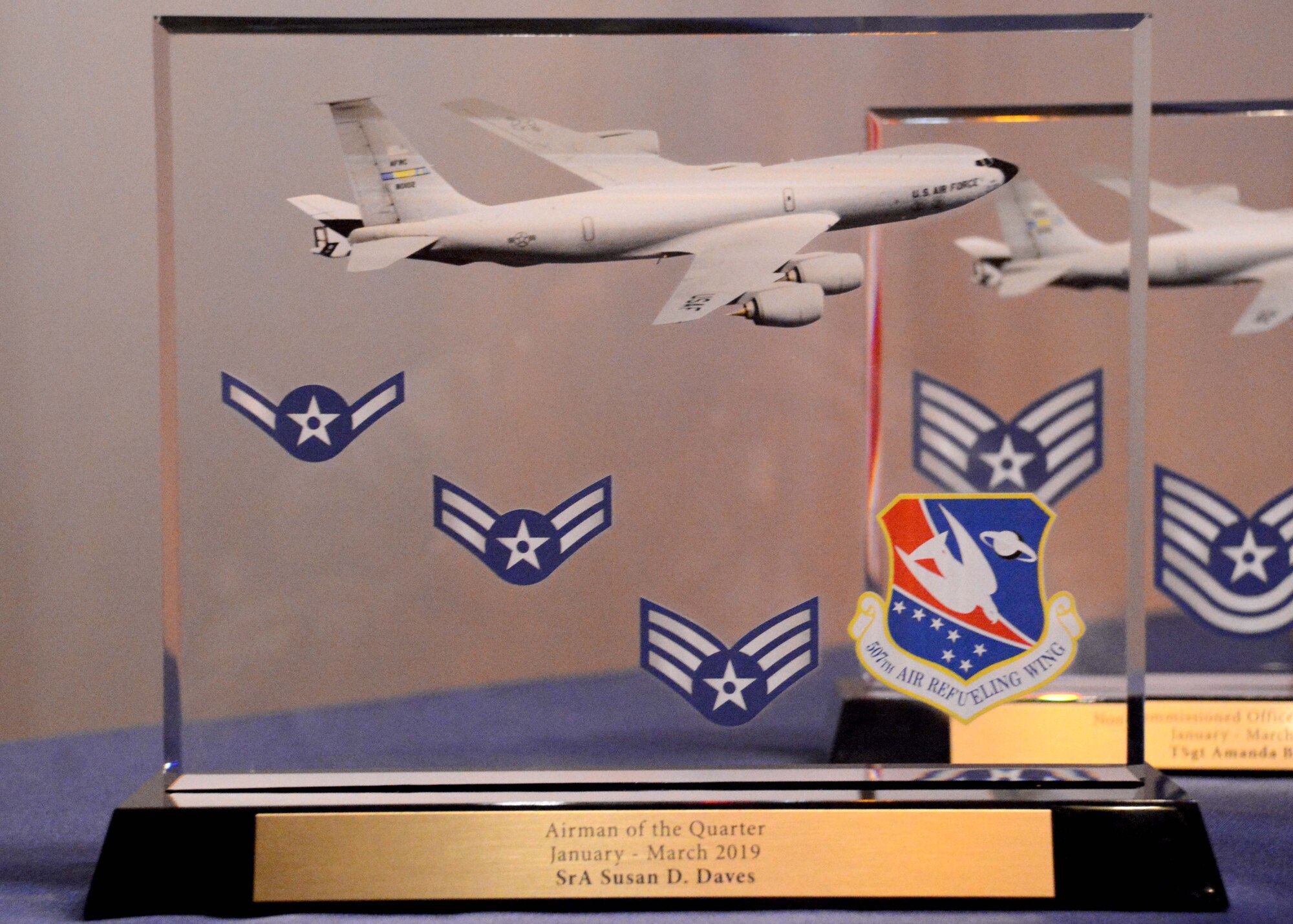 Senior Airman Susan Daves, 507th Security Forces Squadron, received the Airman of the Quarter award for the first quarter during the May UTA commander's call at the base theater, May 5, 2019, Tinker Air Force Base, Oklahoma. (U.S. Air Force photo by Senior Airman Mary Begy)