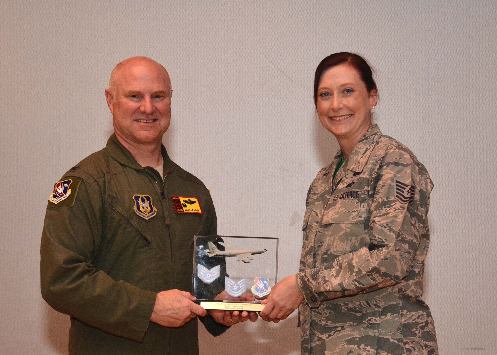 Tech. Sgt. Amanda Baty, 507th Force Support Squadron, received the Noncommissioned Officer of the Quarter award for the first quarter during the May UTA commander's call at the base theater, May 5, 2019, Tinker Air Force Base, Oklahoma. (U.S. Air Force photo by Senior Airman Mary Begy)