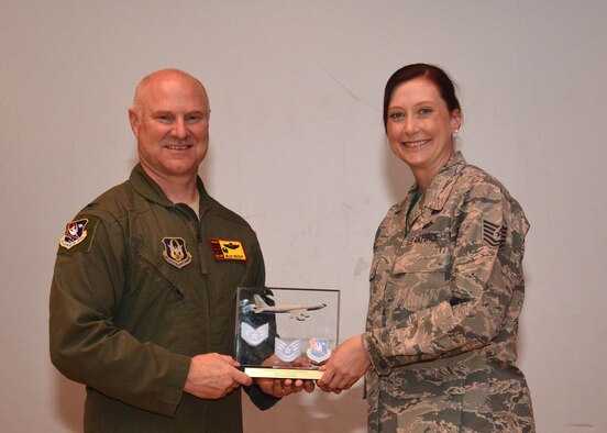 Tech. Sgt. Amanda Baty, 507th Force Support Squadron, received the Noncommissioned Officer of the Quarter award for the first quarter during the May UTA commander's call at the base theater, May 5, 2019, Tinker Air Force Base, Oklahoma. (U.S. Air Force photo by Senior Airman Mary Begy)