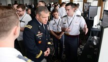Lt. Gen. James H. Dickinson, commanding general, U.S. Army Space and Missile Defense Command/Army Forces Strategic Command, visits with U.S. Military Academy cadets at West Point, New York, May 2-3. During the visit, the Dickinson attended Projects Day as well as visited with cadets who will graduate with USMA’s first space majors and minors. (Courtesy photo)