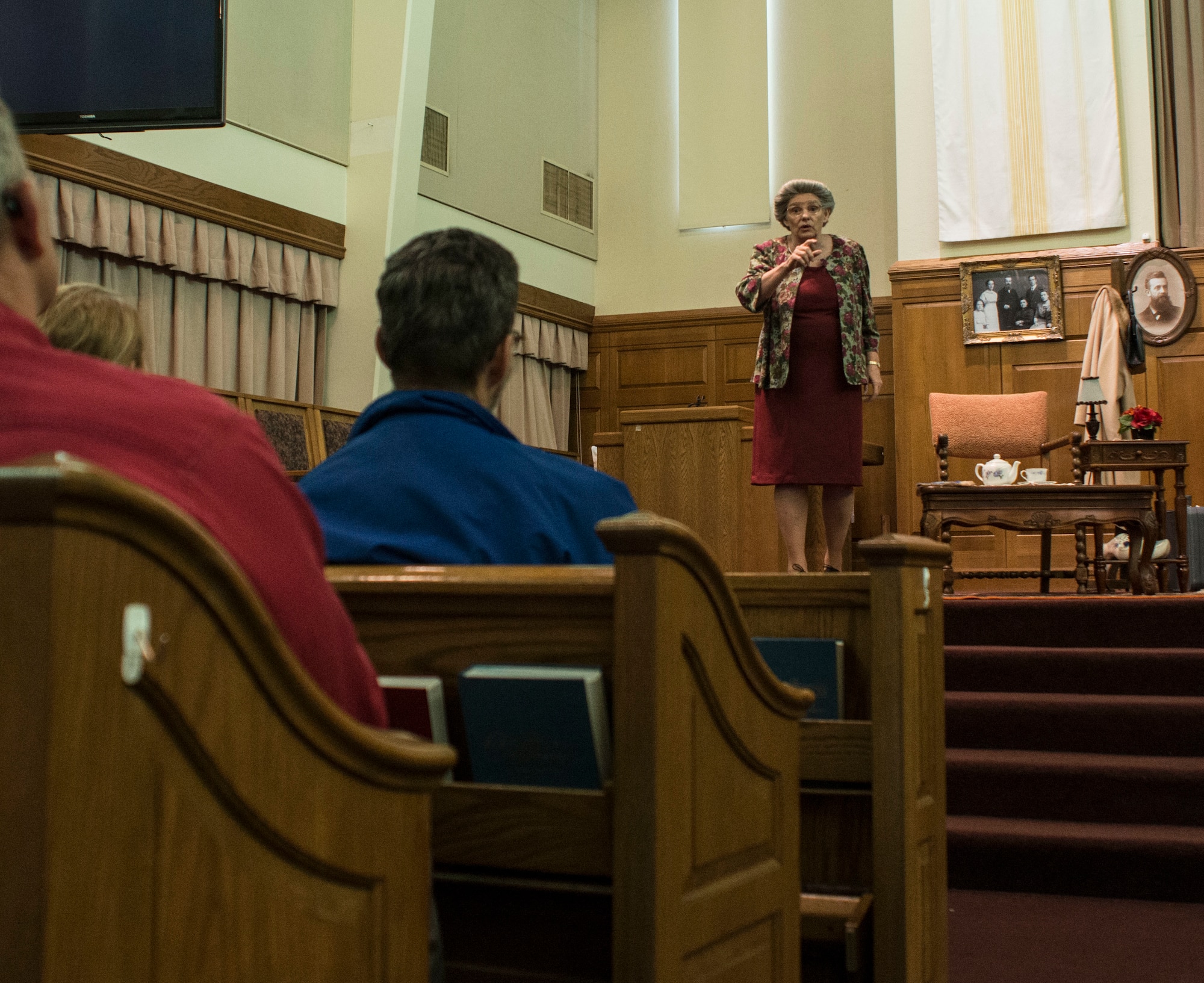 Susie Sandager acts out scenes describing the younger years of Corrie Ten Boom’s life during the play “Corrie Remembers” at Kirtland Air Force Base, N.M., May 3, 2019. Corrie Ten Boom was a Christian woman who saved the lives of nearly 800 Jewish people during the Holocaust.