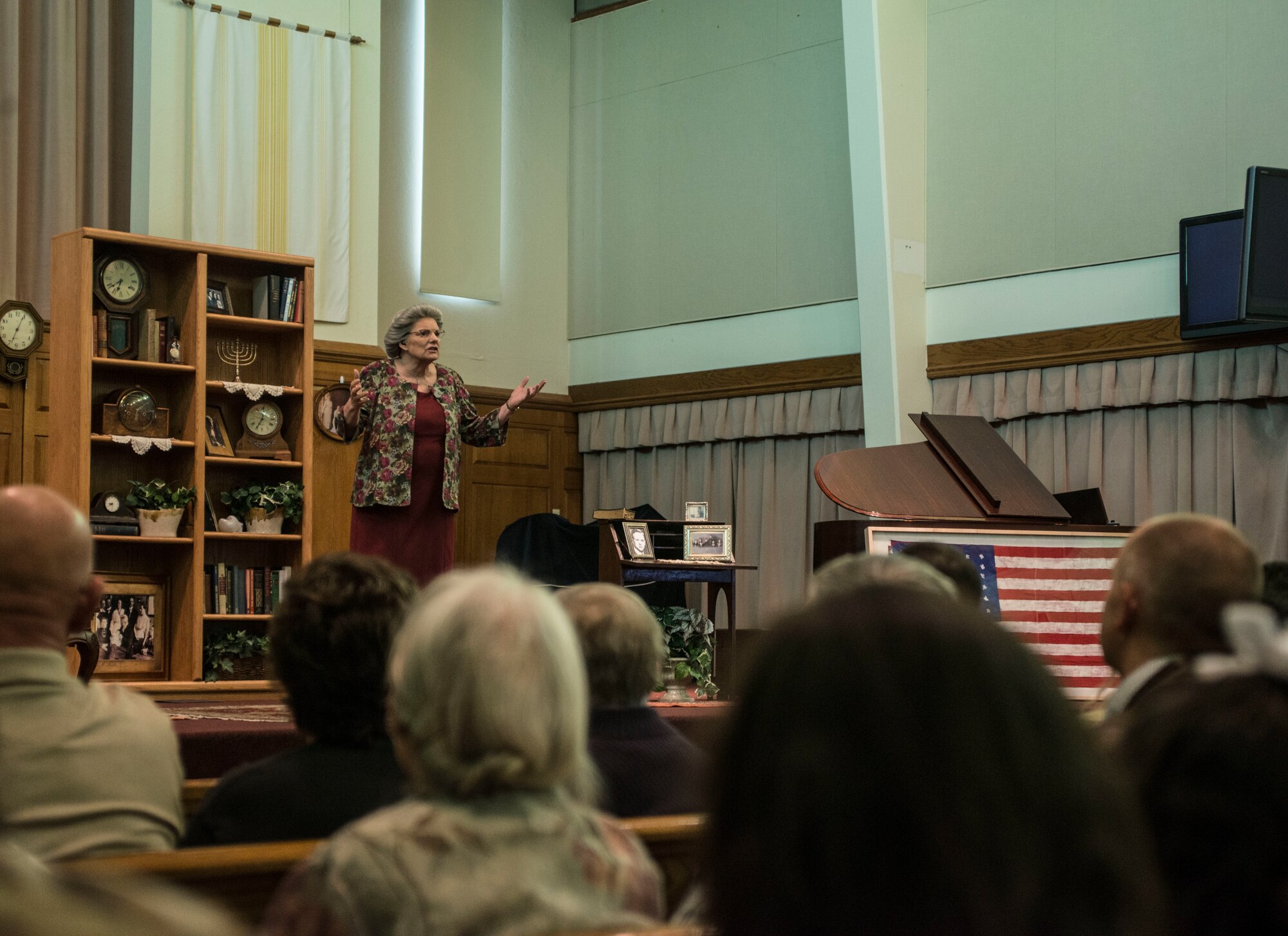 Susie Sandager acts out scenes describing the younger years of Corrie Ten Boom’s life during the play “Corrie Remembers” at Kirtland Air Force Base, N.M., May 3, 2019. Corrie Ten Boom was a Christian woman who saved the lives of nearly 800 Jewish people during the Holocaust.