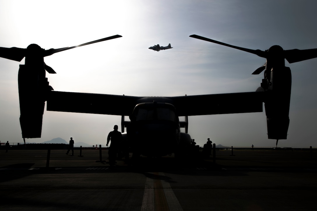 A U.S. Marine Corps MV-22B Osprey on static display during the 43rd Japan Maritime Self-Defense Force – Marine Corps Air Station Iwakuni Friendship Day at MCAS Iwakuni, Japan, May 5, 2019. Since 1973, MCAS Iwakuni has held a single-day air show designed to foster positive relationships and offer an exciting experience that displays the communal support between the U.S. and Japan. The air show encompassed various U.S. and Japanese static display aircraft, aerial performances, food and entertainment.