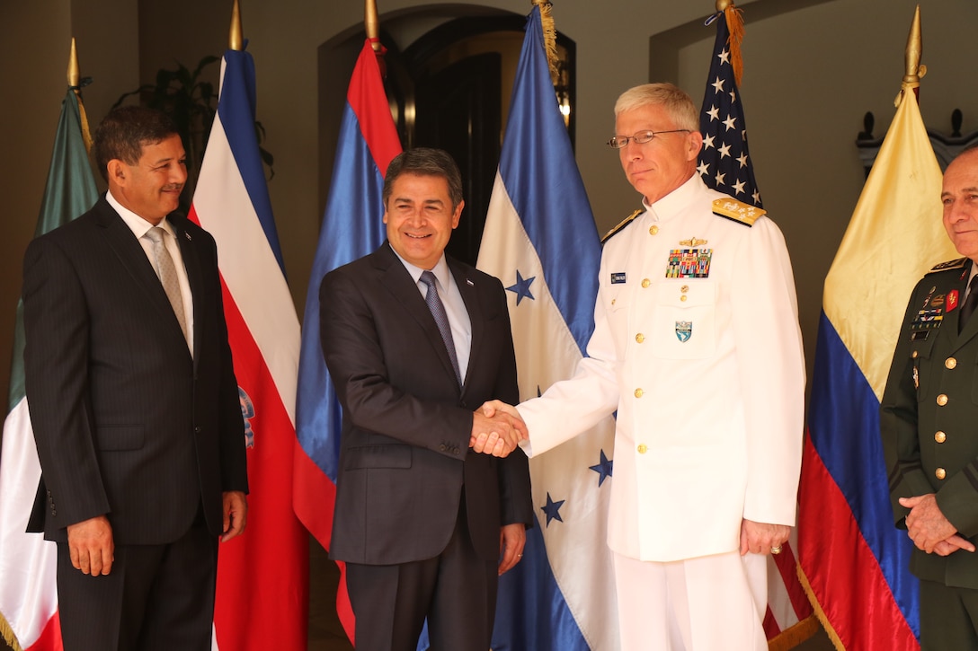 The commander of U.S. Southern Command, Navy Adm. Craig Faller, meets with Honduran President Juan Orlando Hernández.