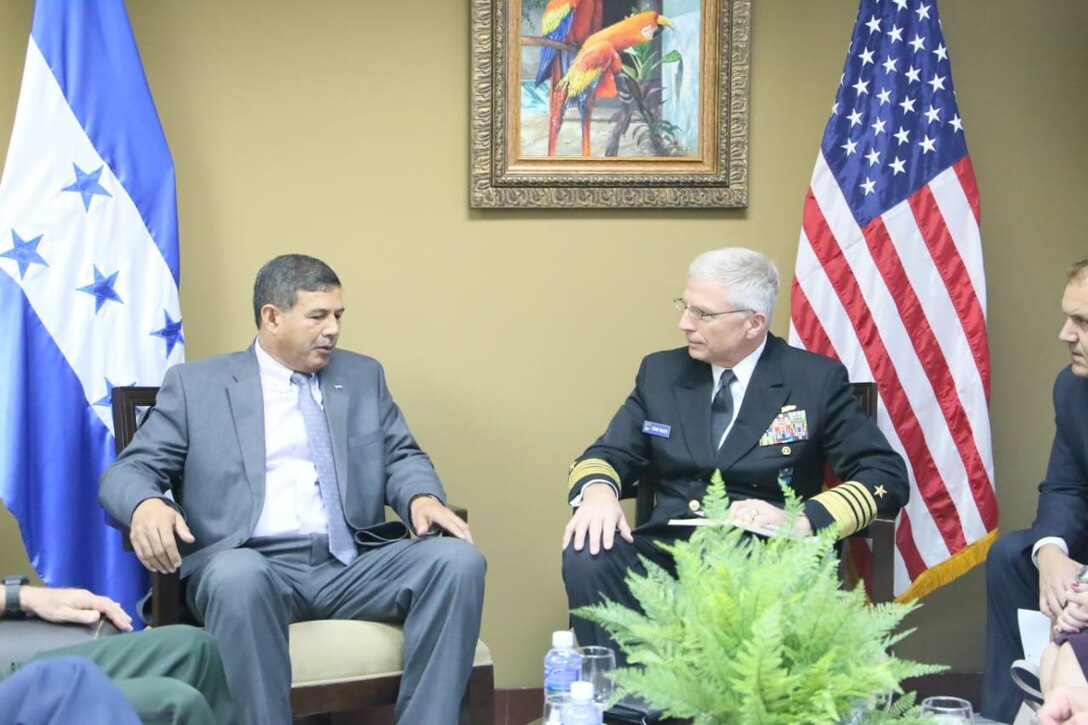 The commander of U.S. Southern Command, Navy Adm. Craig Faller, meets with Honduran Minister of Defense Fredy Díaz.