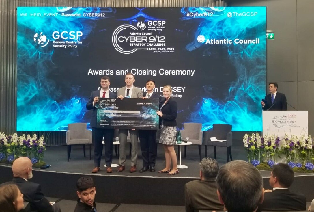 The Cyber Policy Team, Team Black Knights, takes first place at the 2019 European Cyber 9/12 Strategy Challenge in Geneva, Switzerland, beating out 22 other teams from 13 countries.