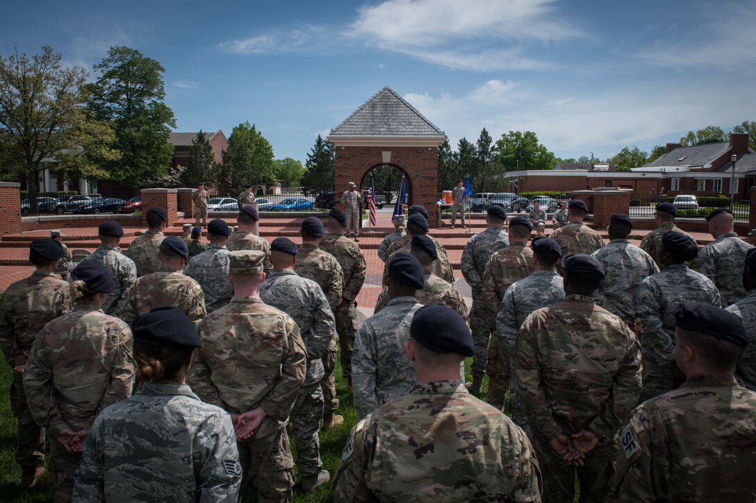 Col. Lance Turner, commander, 932nd Mission Support Group, speaks during the Assumption of Command ceremony, May 5, 2019, 375th Air Mobility Wing Parade Field, Scott Air Force Base, Illinois. Turner spoke about Lt. Col. James Blackburn, the departing Security Forces Squadron commander, and his leadership and dedication while serving at the Illinois Reserve Wing. (U.S. Air Force photo by Senior Airman Brooke Deiters)