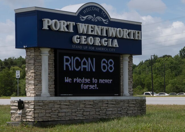 A marquee displays a tribute message to the Airmen of Rican 68 May 2, 2019, on the city line of Port Wentworth, GA. The event paid homage to the lives of the nine Puerto Rican Air National Guard Airmen who lost their lives when their C-130 Hercules, assigned to the 156th Airlift Wing, crashed May 2, 2018.
