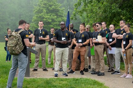 North Carolina National Guard Officer Candidate Patrick Henson briefs the rest of the 139th Regional Training Institue's Officer Candidate School Class 61 on important decisions made during the Battle of Chancellorsville while visiting the Civil War site near Fredericksburg, Virginia, on May 4, 2019. OCS Class 61 visited the site as a way to learn leadership through studying historical battles during their class staff ride.