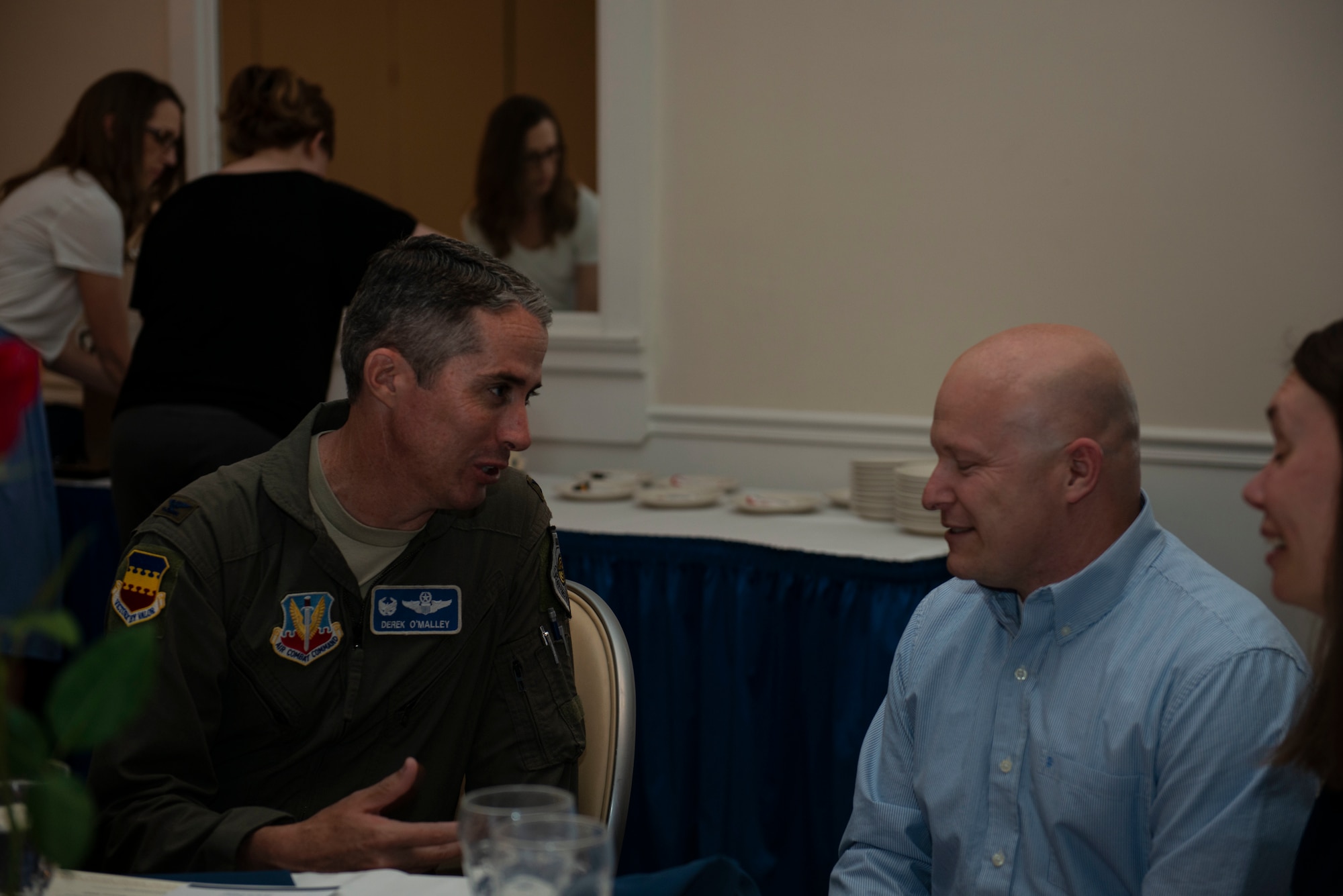 Col. Derek O’Malley, 20th Fighter Wing commander speaks with the parents of scholarship award winners at Shaw’s annual military dependent scholarship giveaway at Shaw Air Force Base, S.C., May 1, 2019.