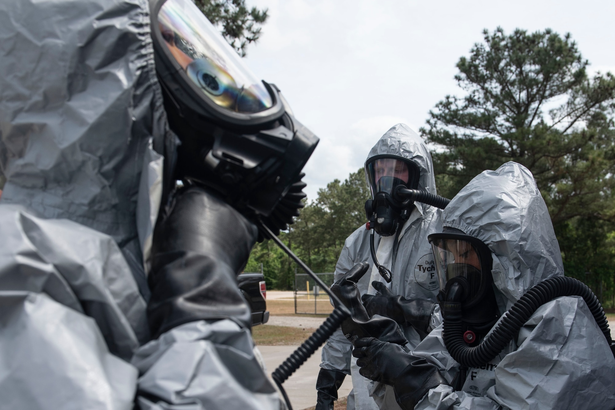 U.S. Air Force emergency management technicians assigned to the 20th Civil Engineer Squadron suit up during an exercise at Shaw Air Force Base, S.C., May 2, 2019.